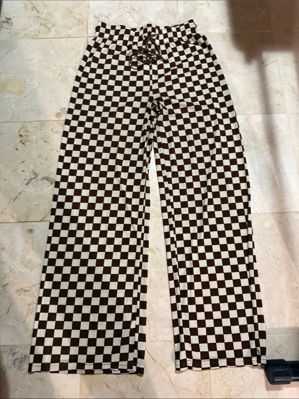 Womans Checkerboard Drawstring Bottoms - Brown & Beige